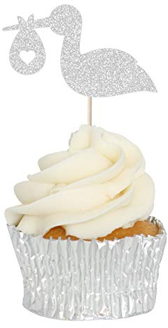 Stork & Baby Cupcake Toppers - 12pk - Birthday & Christening Decoration Picks (Silver Glitter)