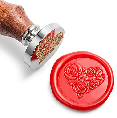 Mceal Wachssiegelstempel, Silberner Messingkopf mit Holzgriff (Rose im Herzen)