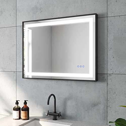 LED Badspiegel 80x60 cm Slimline Design schwarzer Rahmen Wandspiegel Badezimmerspiegel mit Beleuchtung Kaltweiß Neutralweiß Warmweiß Einstellbar Beschlagfrei Touch Schalter Dimmbar für Wandschalter