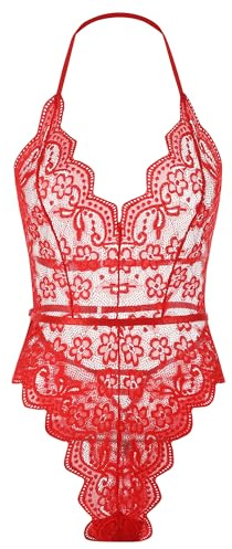 Buitifo Femmes Body en Dentelle Lingerie Sexy Teddy V-Cou One-Piece Babydoll Pyjama Négligé (Rouge 2-XL)