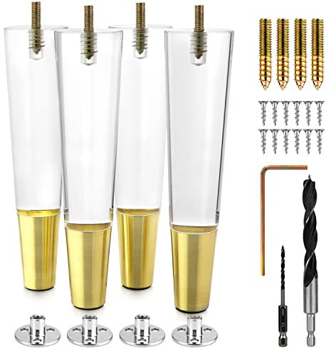 Acrylic Furniture Legs With Gold Caps - Mid Century Legs For Couch, Sofa, Chair, Table, Dresser, Bed, Cabinet - Furniture Feet Are Easy To Install & Include Installation Hardware - Set of 4, 8 Inches