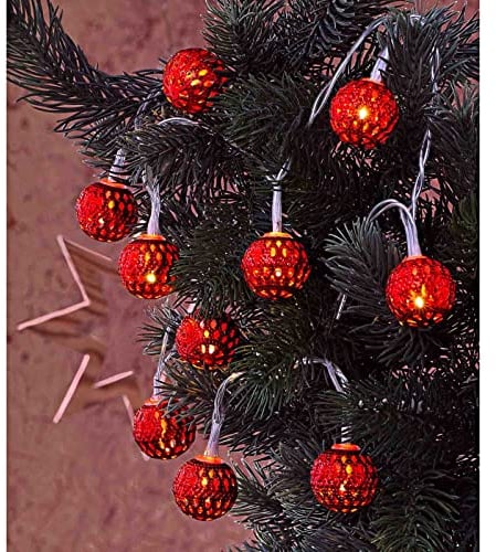LED Lichterkette mit 10 Kugeln Ø 2,5 cm Warmweiß Batterie Kugelkette Orientalische Weihnachtsbeleuchtung Batteriebetrieben (Rot)