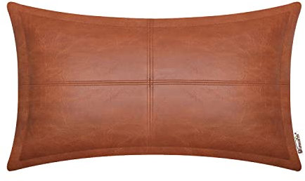 BRAWARM Cognac-Leder-Überwurfkissen, 30,5 x 50,8 cm, Kunstleder-Kissenbezug mit Paspelierung, handgenähtes Leder, dekorative Lendenwirbel-Kissenbezüge für Couch, Sofa, Bett, Wohnzimmer, Garten