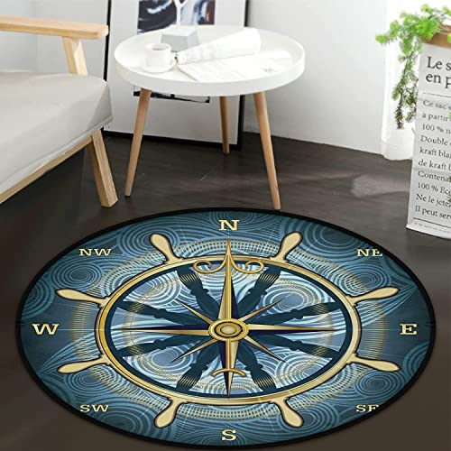 keepcute Rutschfeste Fußmatte mit blauem Kompassrose, goldfarben, nautisches Thema, rutschfeste Bodenmatte, runder Teppich, Teppich für Schlafzimmer, Wohnzimmer, Arbeitszimmer, Spielteppich, 1,5 m