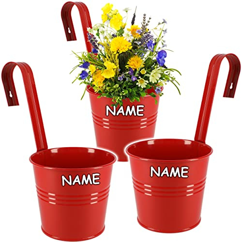 alles-meine.de GmbH 3 Stück Hänge - Blumentöpfe/Hängetöpfe/Pflanzschale - Metall - Ø 17 cm - rot - inkl. Name RUND - Hängend/mit Haken & Halterung - Aufhängen - groß - m..