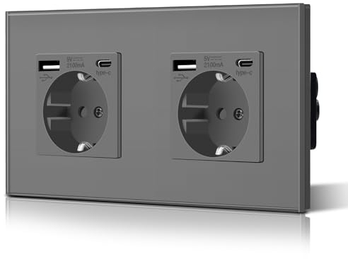BSEED Doppelt Schuko Wand Steckdose mit USB & Typ C Glas 3 in 1 Unterputz Steckdosen 2 Weg mit 2.1 A USB Ladeleistung und Typ C Adapter Aufladestation Verlängerungssteckdosen 157mm Grau