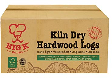 Big K Kiln Dry Hardwood Logs | FSC certified sustainable fuel with under 20% moisture level for a cleaner flame and low smoke in stoves or fire pits.