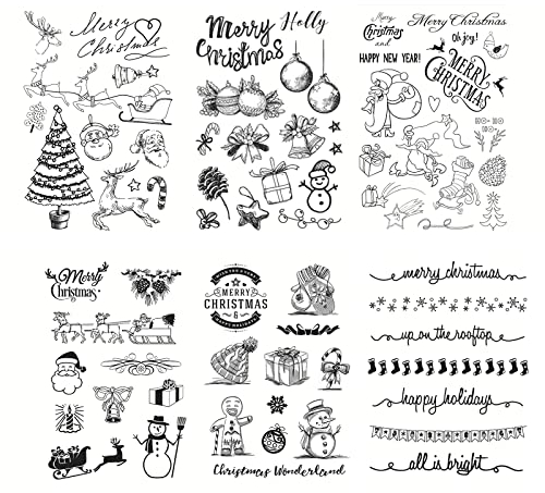 Francobolli Natale Trasparente Silicone Stampo in Silicone Natale per Fai da Te Carta Scrapbooking Natale Artigianato Palline di Albero di Natale Pinguino Fiocco di Neve Babbo Natale (6 Fogli)