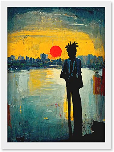 Doppelganger33 LTD Dramatic Sunset Silhouette City Skyline Lake Oil Painting Artwork Framed Wall Art Print A4