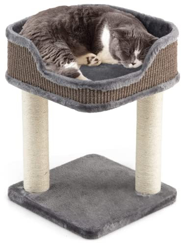 GOPLUS Arbre à Chat 50 CM en Bois Recouvert Peluche, Poteaux en Sisal, Nid Confortable, Gris