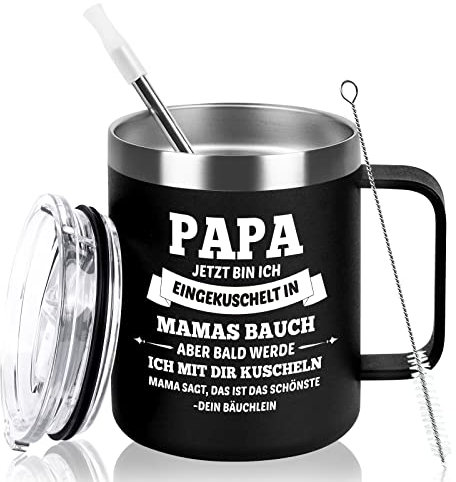 Livole Du Wirst Papa Geschenk, Schwangerschaft Verkünden, Geschenke für Werdende Väter - PAPA BALD WERDE ICH MIT DIR KUSCHELN - Lustige Tasse mit Spruch 350ml, 12Oz Vakuum Camping Becher mit Henkel