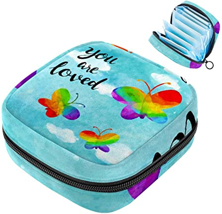 Borsa per tovaglioli igienici, motivo farfalla blu LGBT Pride Rainbow per coppetta mestruale, portatile, per le mestruazioni femminili, per ragazze e donne