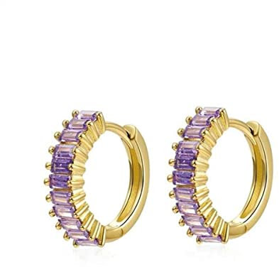GOLDENCAT Pendientes Magic Dorados, Pendientes Aro Circonitas, Aros Pequeños con Piedras, Argollas Zircon, Aretes, Diámetro aro 15 mm, Grosor del aro 2 mm, Plata de Ley 925 Baño Oro, Zircon Violeta