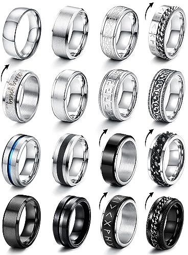 CASSIECA 16 Stück Edelstahl Herren Ringe Silber Schwarz Matt Finish Poliert Band Ring Keltischer Knoten Vintage Biker Ringe Wikinger Verlobungsringe für Herren Männer Größe 62