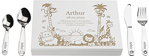 LAUBLUST Couverts personnalisés pour Enfants avec boîte Cadeau personnalisée en Bois - Couverts Enfant INOX - Jungle - 4 pièces - Cadeau personnalisé