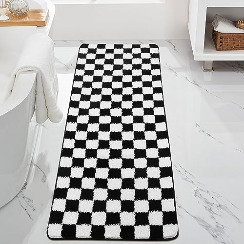 Uphome Badläufer, schwarz-weiß kariert, Badteppich, wasserabsorbierend, langer Badezimmerteppich, Läufer, weiche Mikrofaser, maschinenwaschbar, Badematten für Badezimmer, Boden, Duschen, Wäsche, 61 x