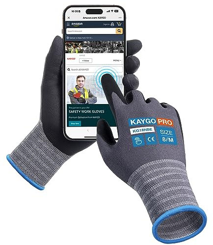 KAYGO 3 Pairs Safety Work Gloves MicroFoam Nitrile Coated Touchscreen, KG18NBE, Working Gloves with Oil Resistant Grip on Palm, for Men Women, Ideal for General Purpose Automotive (Medium, Grey)