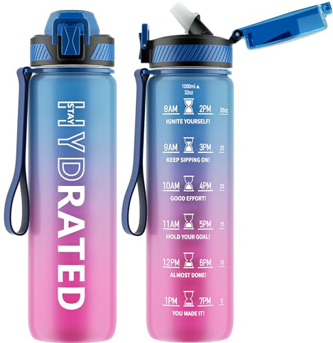 QLUR Trinkflasche, 1L/750ML BPA-Frei Tritan Wasserflasche mit Strohhalm, Trinkflasche Sport Auslaufsicher mit Zeitmarkierung und Bürste, Sportflasche für Fitness, Schule, Yoga, Outdoor(1 Flasche)