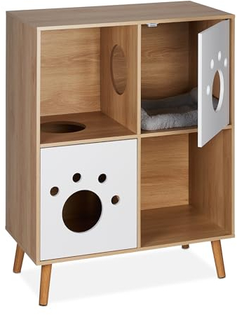 Relaxdays Cat Cabinet with 4 compartments Mobile da Lettiera, Mobiletto con 4 Scomparti, Comodino Cuccia per Gatti, HLP: 96x75x40cm, Bianco Naturale, Fibra di Legno