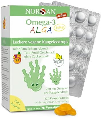 NORSAN Omega 3 vegan KIDS JELLY 120 hochdosiert-Omega 3 vegan hochdosiert 220mg pro Kaugeleedrops-veganes Omega mit EPA & DHA-Omega Kids mit Tutti-Frutti-Geschmack