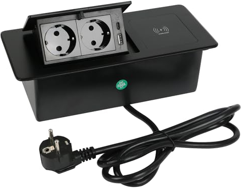 Versenkbare Steckdose,Tischplatte Versenkte Steckdose, 2 Fach Einbausteckdose mit USB&15W kabelloses Laden Einbausteckdose,Type C 20W Schnelllade Pop Up Tischsteckdose Steckdose für Büro (Schwarz)