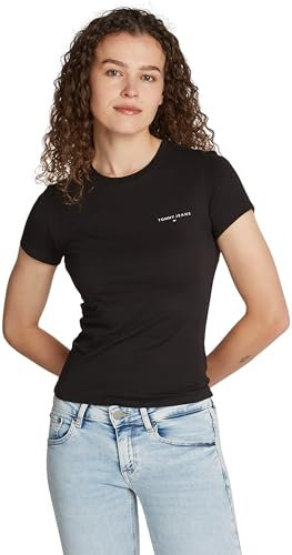 Tommy Jeans T-Shirt Manches Courtes Femme Slim Fit Linear Col Ras-du-Cou, Noir (Black), L