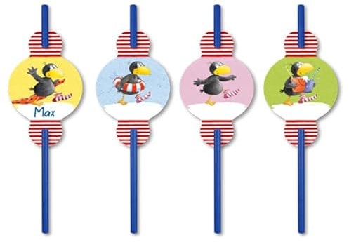 8 Papier-Trinkhalme * RABE SOCKE * für einen Kindergeburtstag oder Mottoparty | ca. 20cm lang mit verschiedenen Sticker | Strohalm Strohhalme