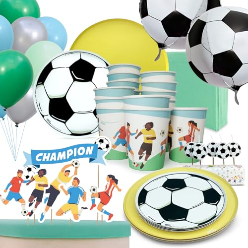 PARTY PARTY 97 Teile Fußball Geburtstag Set Gelb 16 Gäste, EM PARTYGESCHIRR + CAKETOPPER + KERZEN+ BALLONS, Fußballparty Geburtstag Fußball Deko Jungen Mädchen