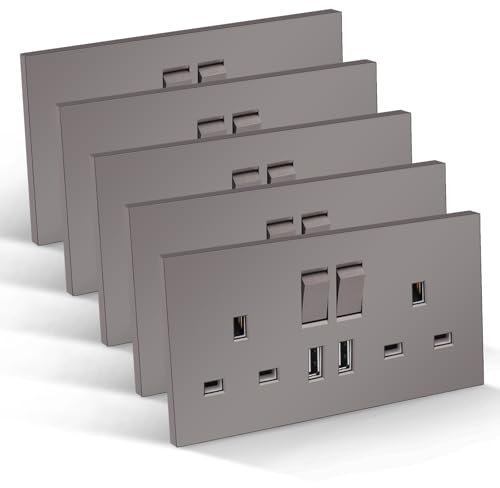 CNBINGO Double Switched Socket with 2 USB-A Ports, Electric Power Sockets 2 Gang 13 Amp, Grey PC Plate Wall Outlet, 5 Pack