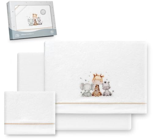 Interbaby - Bettwäsche-Set für Kinderbett, 60 x 120 cm, 100% Polyester, warm, inklusive Spannbettlaken, Bettbezug und Kissenbezug, ideal für den Winter, Giraffe Elefant Weiß/Beige