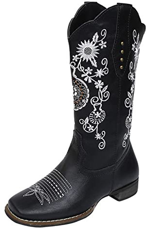 Generico Stivaletti Donna Bassi Stivali Scamosciati Stivali Stivaletti Donna Print Slip- Heels Scarpe Punta Centrale Ricamo Stivali da Donna retrò Stivali da Pioggia Donna Calosce Donna (Black, 40)