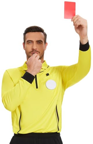 Soccer Referee Shirt Jersey kit Long Sleeve Pro Ref Costume Umpire Uniform with 3 Pcs Replace 3 Round Adhesive Hook & Loop Badge Holder, Referee Wallet with Red Card and Yellow Card Yellow L