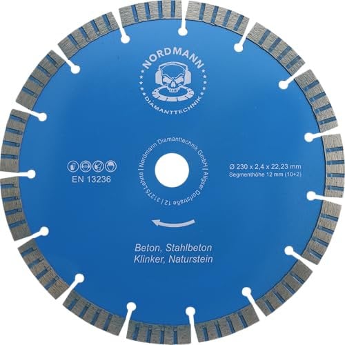 NORDMANN DIAMANTTECHNIK Diamant-Trennscheibe N-12 Turbo Ø 230 mm x 22,23 mm Bohrung, Diamantscheibe für Beton, Stahlbeton, Klinker und Ziegel