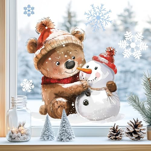 Sunnywall Fensterbilder Winter für Kinder Tiermotive in Winterszene als statisch haftende Fenstersticker, WIEDERVERWENDBAR (Bär, A2 Bogen)