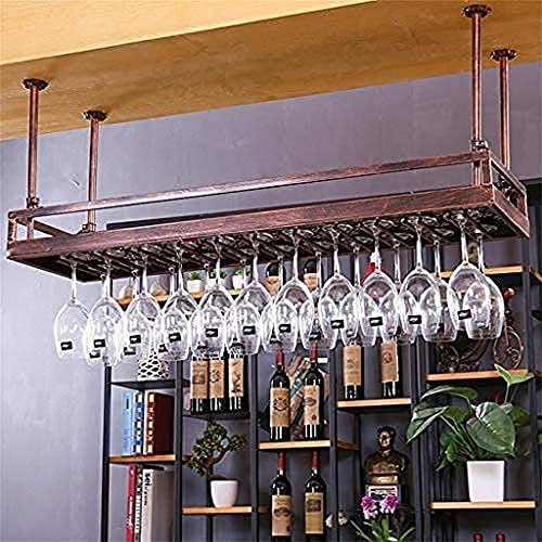 Hanging Wine Glass Rack with Upside Down Beer Bottle Shelf European Style Metal Wine Rack for Kitchen Bar Restaurant Black Iron Ceiling Wine Holder Retro Goblet Organizer (100)