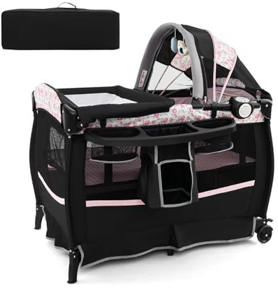 DREAMADE Lit Parapluie Bébé avec Matelas,4 en 1 Lit de Voyage 102x73x80CM Tout-Petites 0-3Ans avec Roues Verrouillables,Auvent Réglable,Poche,Porte-Couches,Sac de Transport (Noir+Fleur)