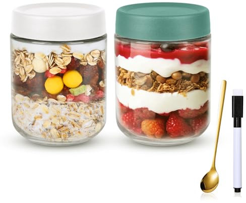 vione 2 Pack Overnight Oats Container mit Deckel und Löffel 16 oz Overnight Oats in Glas Mason Jars Leakproof Haferflocken Container Getreide Obst und Gemüse Milch Great for Meal Vorbereitung