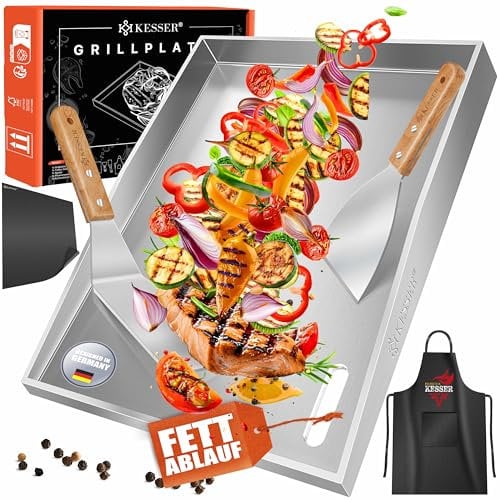 KESSER® Grillplatte Plancha Edelstahl I Grill Platte 40x30x4cm Gas & Holzkohlegrill mit Fettablauf I hitzebeständig bis 800°C, Spülmaschinenfest inkl. 2 Spatel, Grillschürze & Grillmatte