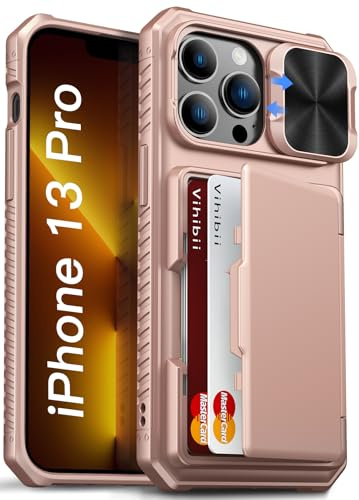 Vihibii for iPhone 13 Pro Case Wallet with Card Holder (4 Cards), Rose Gold | [RFID Blocking] & Slide Camera Cover, Military Grade Drop Protection, Rugged Back & Silicone Edge Phone Case, 6.1 2021