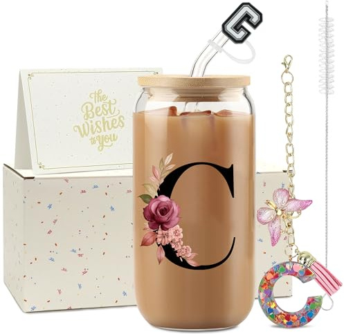 ZIOSINM Cadeau Femme Tasse Personnalisable Cadeau Anniversaire Femme | A-Z Lettre Verre avec Ouvercle et Paille + Porte-clés, 500 ml Verre Matcha Idee Cadeau Femme pour Noël ou Saint-Valentin