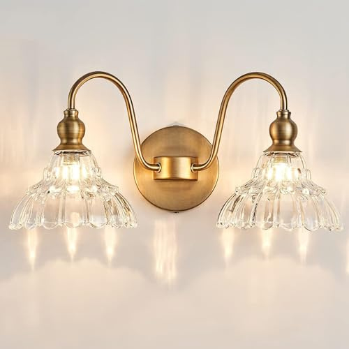 Mengjay Wandleuchte Gold Innen,Spiegelleuchte Bad Spiegellampe Vintage G9 Wandlampe 2 Flamming mit Glasschirm, Retro Metall Badezimmer Lampe Wand Modern Wandbeleuchtung (Gold, 2 Flammig)
