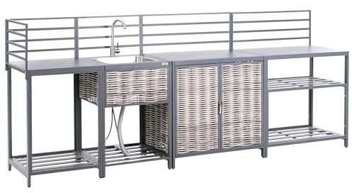 Beliani Outdoor-Küche 4-teilig Aluminium/Polyrattan grau mit Edelstahl-Spüle Mirador