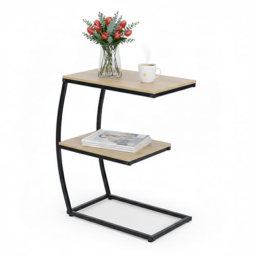 Relaxdays C-Shaped Side Table, 2 Shelves, HWD 58.5x47.5x25 cm, Table for Couch & Bed, Metal & MDF, Wood Look/Black