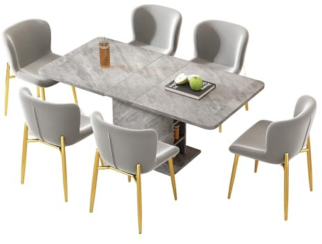 Modern Dining Set with Extendable Table & Upholstered Chairs Rectangular Table with Central Support & Storage Stylish Dining Group (Table + 6 Chairs)