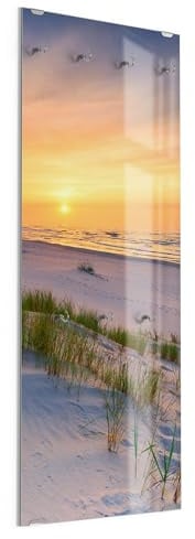 DEQORI Kleiderhaken aus Glas mit Motivdruck | Design vertikal, 50x125 cm | Motiv Sonne sinkt über Ostsee | ESG-Sicherheitsglas mit 7 Haken – beschreibbar & montagefreundlich – pflegeleicht