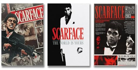 zotuuie A Set Of 3 Scarface Poster Classical Movie Film Vintage Cover Posters Für Zimmer, Ästhetische Leinwand-Wandkunst, Schlafzimmer-Dekor 08x12inch(20x30cm)-3pcs
