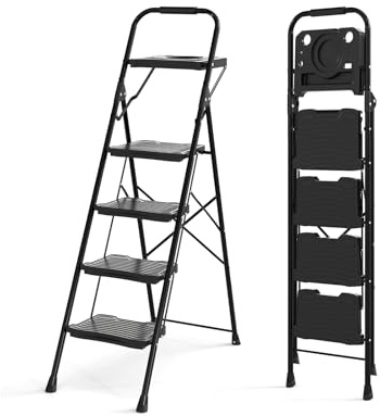 GYMAX Escabeau 4 Marches 148cm, avec Plateau Porte-Outils, Poignée Supérieure, Larges Marches Antidérapantes, Échelle Pliable avec pour Peindre, Nettoyer et Atteindre des Objets