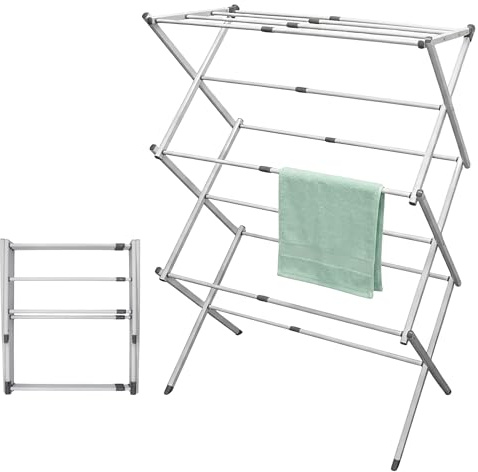 Spetebo Teleskop Wäscheständer weiß 4-7,5 m Trockenlänge - 104 x 43-75 cm - Turm Trockengestell ausziehbar und klappbar - Wäschetrockner Trockenständer Standtrockner Wäscheturm für wenig Platz