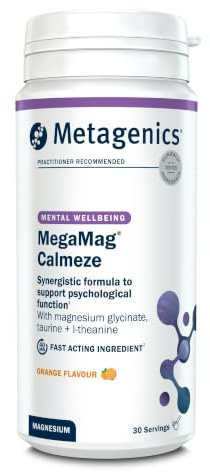 Metagenics MegaMag Calmeze Magnesium Glycinate, Orange Flavour, 30 Servings | Refreshing orange flavoured daily powder packed with highly absorbable minerals, vitamin C and active B vitamins