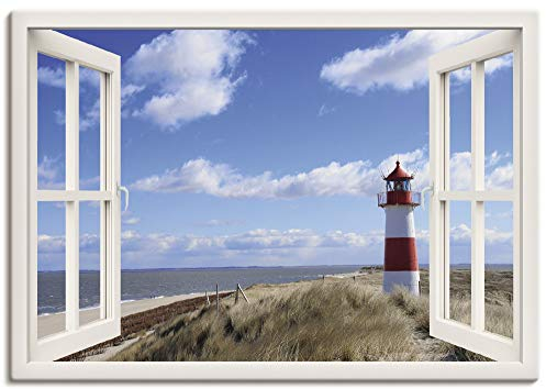 ARTLAND Wanddeko Leinwand Bilder Wandbild 100x70 cm Fensterblick Fenster Strand Meer Maritim Düne Leuchtturm Sylt Nordsee T5SD